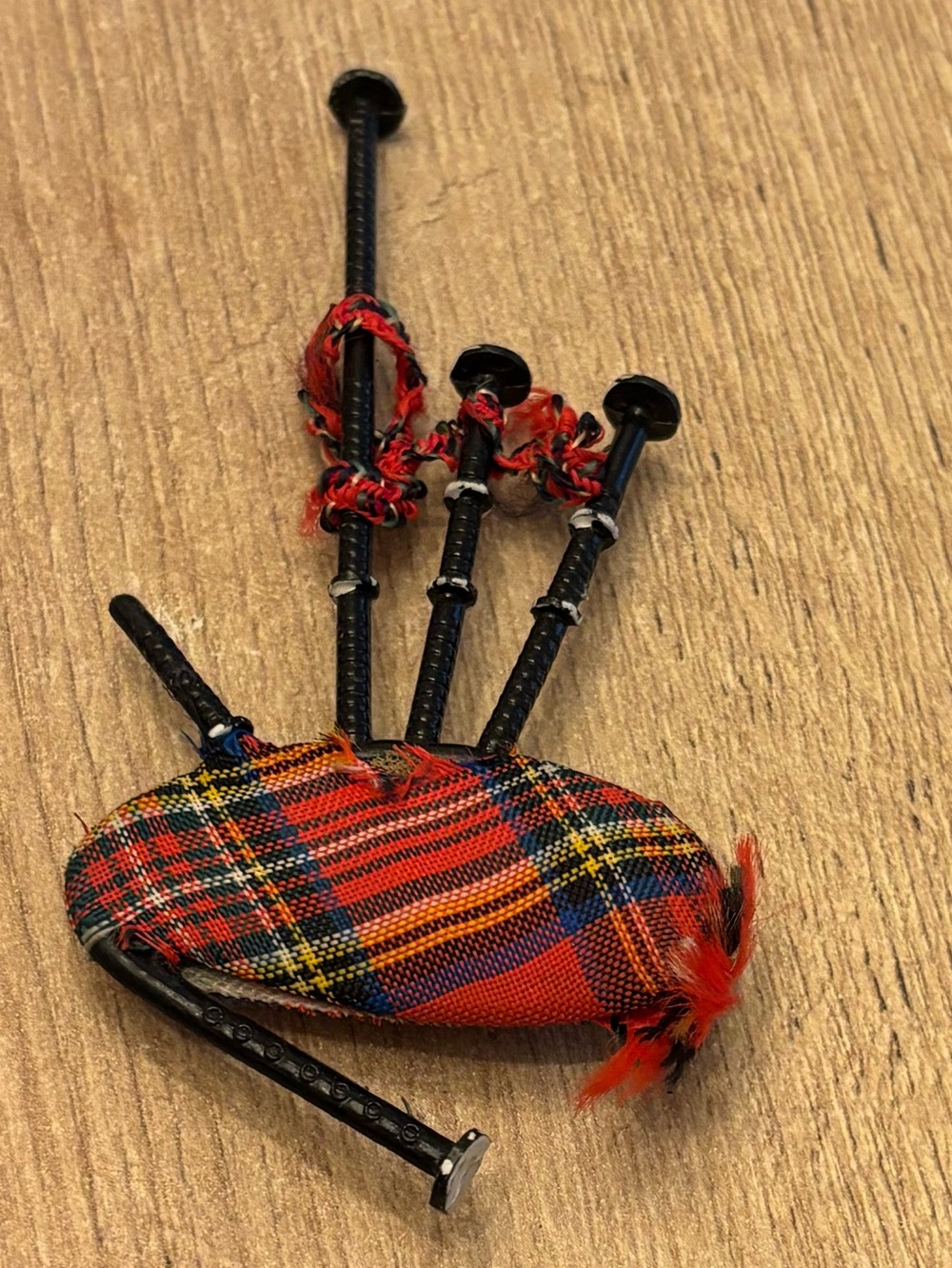 RARE Vintage Maximalist Red Tartan Scottish Bagpipes Brooch with Black Pipes